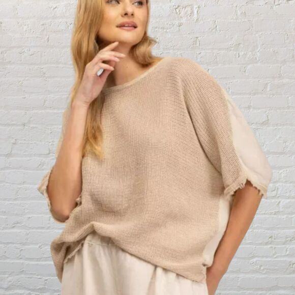 TANTRA 100% Linen Knit Front Top Oversized Drop Sleeve Raw Edge Beige OS - Picture 1 of 12
